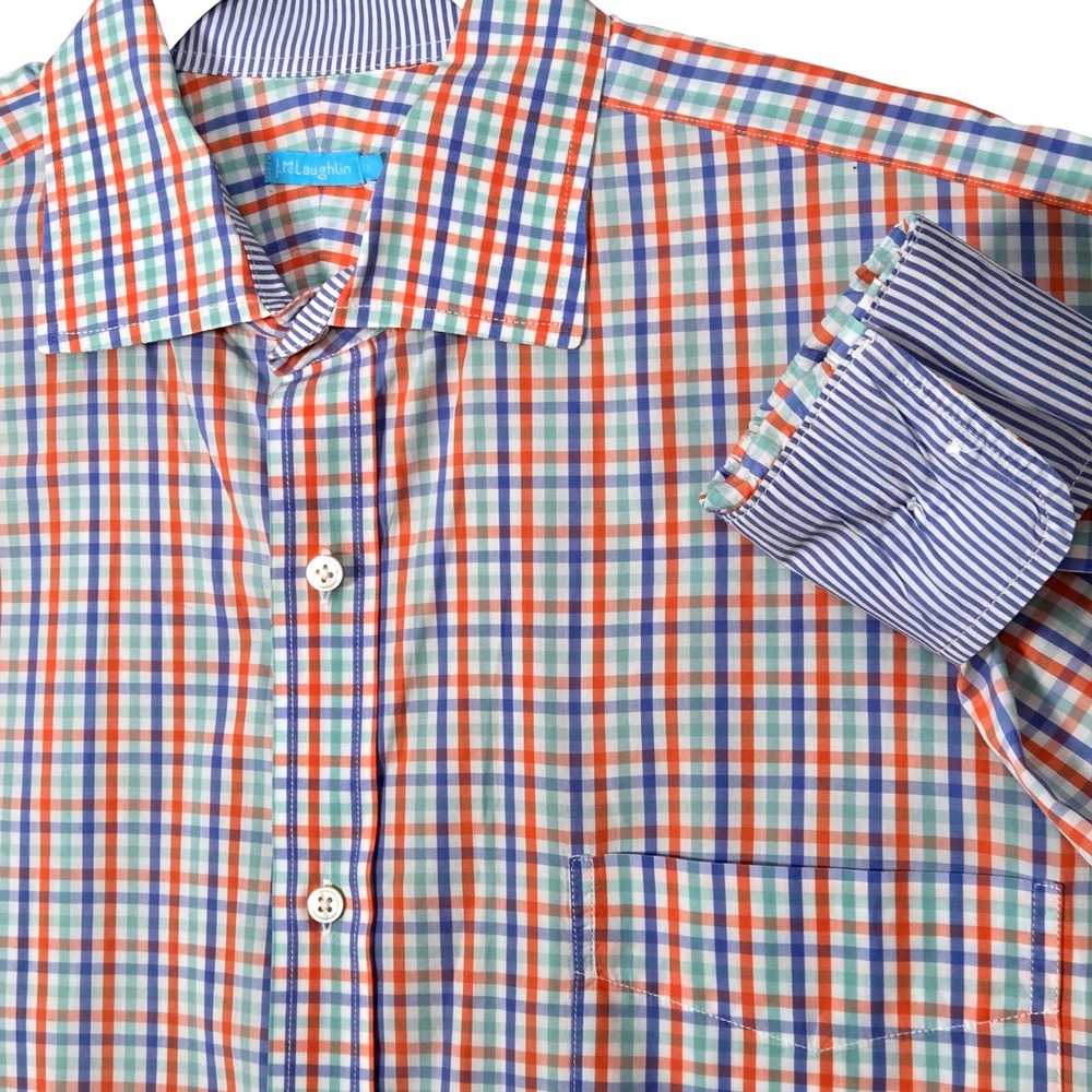 J. McLaughlin Men Large Button Down Long Sleeve Shirt Orange Blue Check Plaid